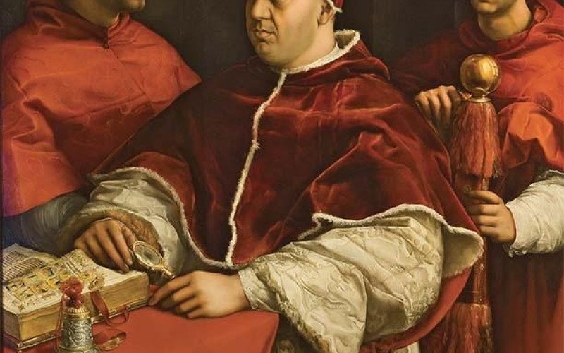Raffaello - Ritratto di Leone X tra i cardinali Giulio de’ Medici e Luigi de’ Rossi Portrait of Pope Leone X with Cardinals Giulio de’ Medici and Luigi de’ Rossi 1518 olio su tavola / oil on wood panel