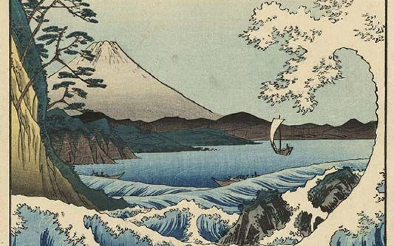 Utagawa Hiroshige - Il mare di Satta nella provincia di Suruga - 1858 Serie: Trentasei vedute del Fuji, 1858, quarto mese - 374 x 253 mm - silografia policroma Museum of Fine Arts, Boston William Sturgis Bigelow Collection