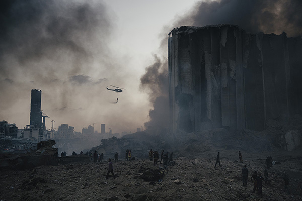 BEIRUT, LEBANON - AUGUST 4:Firefighters work to put out the fires that engulfed the warehouses in the port of Beirut after the explosion. (Photo by Lorenzo Tugnoli/ Contrasto for The Washington Post)